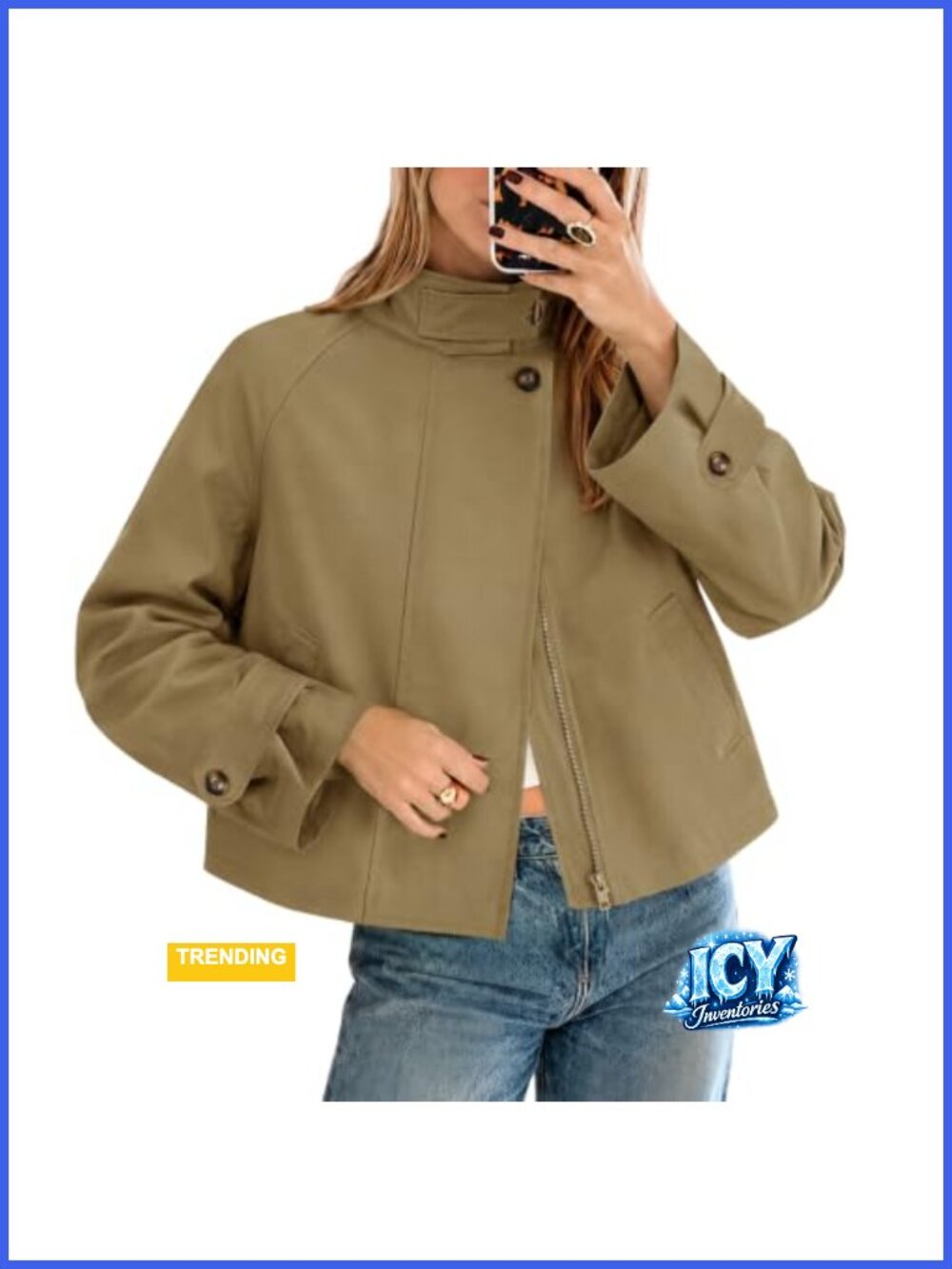 Women Cropped Trench Coat Funnel Neck Zip Jacket Fall Winter
